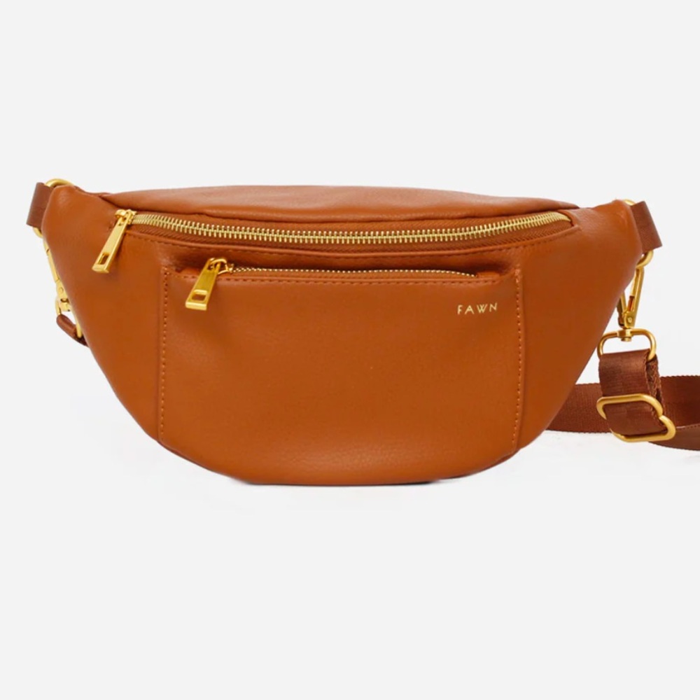 Fawn Design Leather Crossbody Belt Bag in Cognac Brown with Gold Hardware